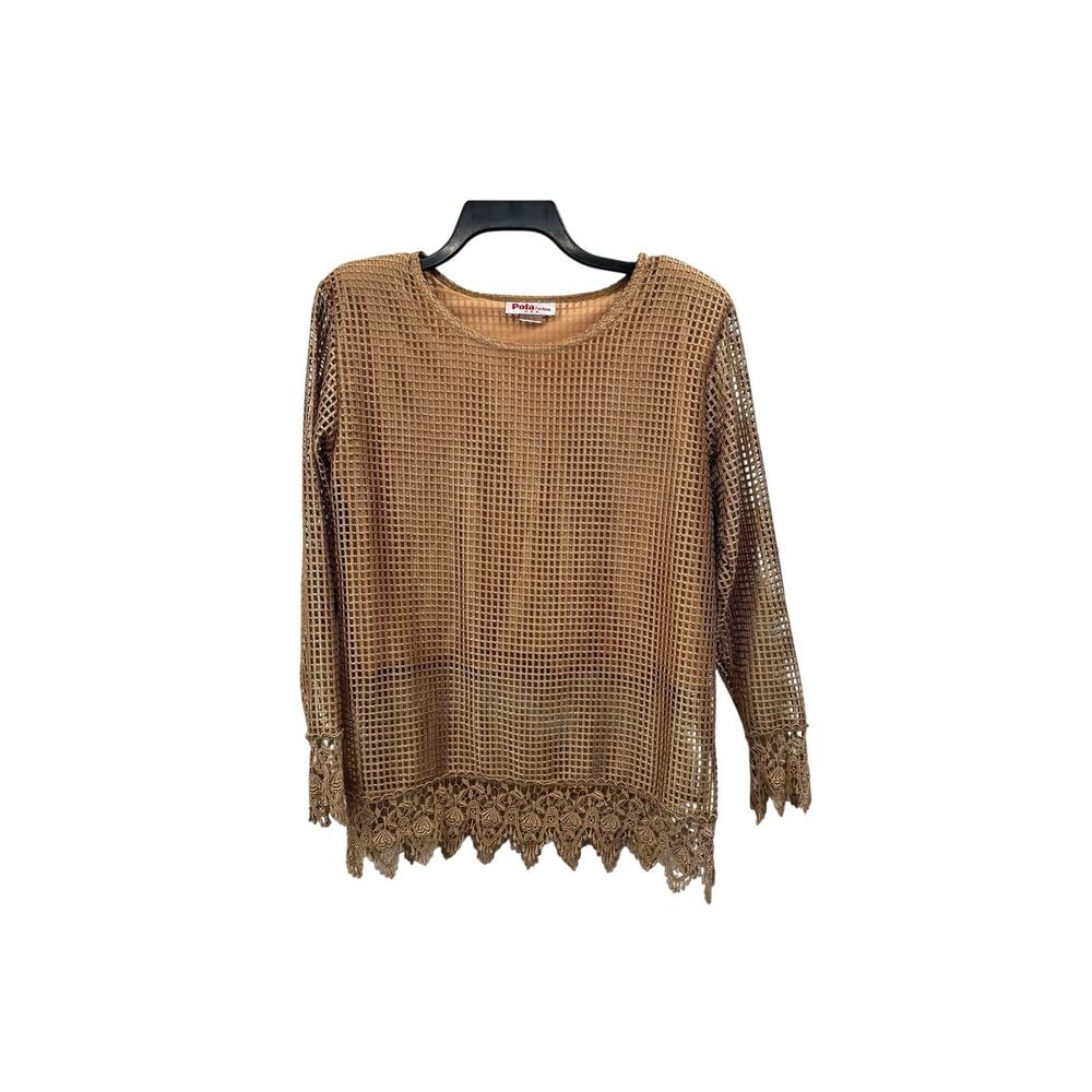 90s Pola Fashion USA Shiny Gold Fishnet Overlay Lace Trim Blouse Shoulder Pads